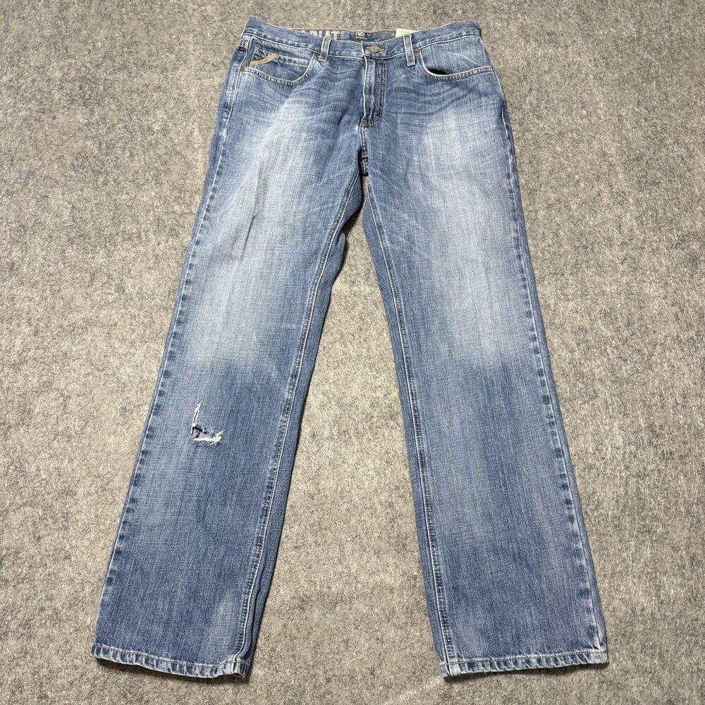 Ariat M5 Jeans Mens 35x34 Low Rise Straight Leg Blue Denim Distressed Cowboy
